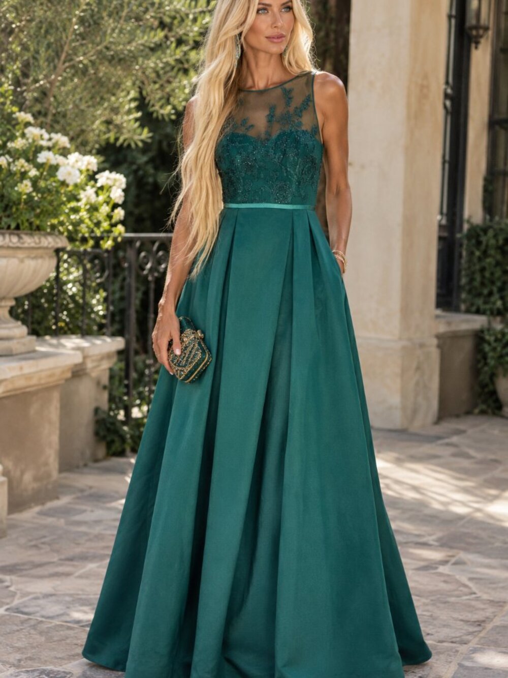 Oleg Cassini Green Embroidered Lace Illusion Formal Gown Dress Size 10